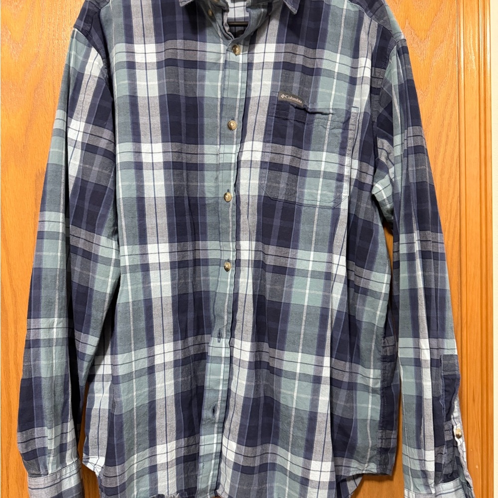 Columbia Men's Navy and Light Blue Plaid Button-Down Shirt